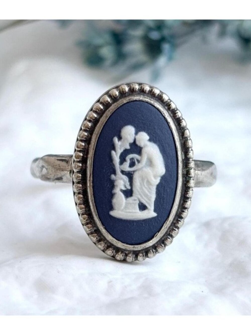 Wedgwood Jasperware Blue Medea Cameo Sterling Silver 925 Vintage Ring - sz 9.25